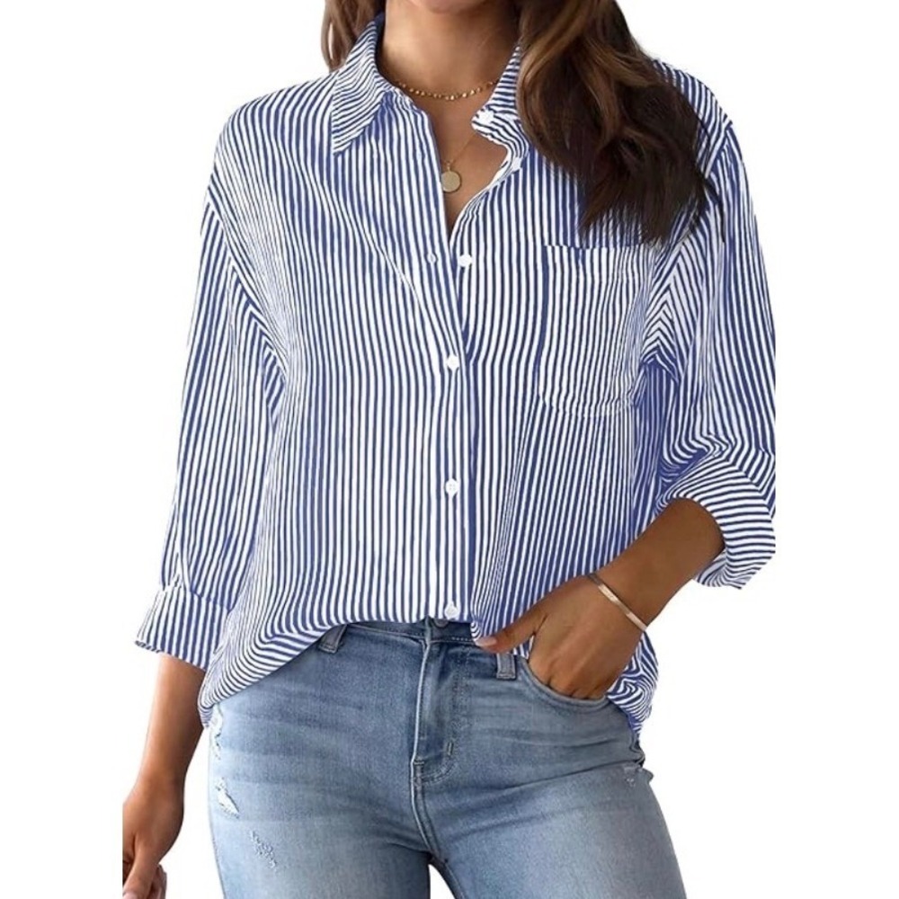 AISEW button-down shirt blue white striped pattern front chest pocket‎ NWT S